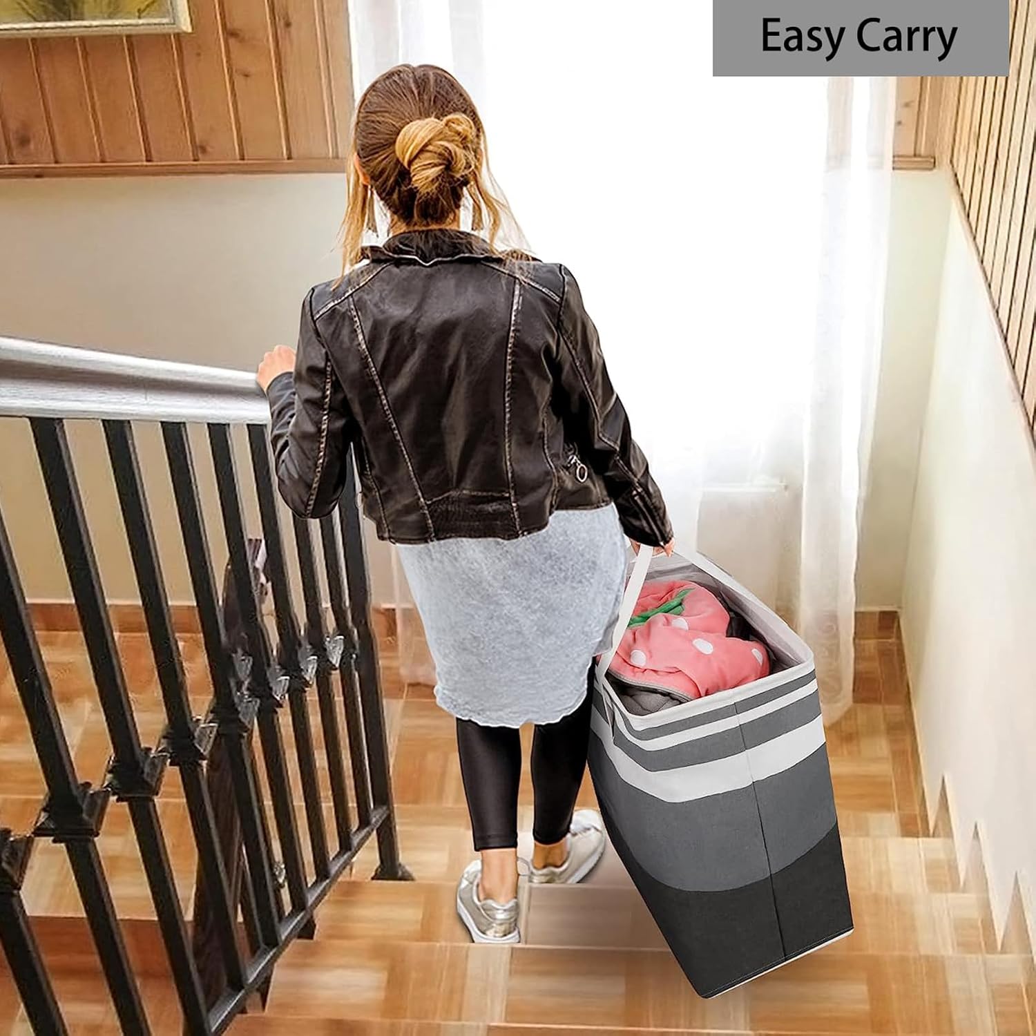 Skiennix Large Waterproof Laundry Basket - Collapsible Tall Hamper with Extended Handles | 75L Capacity