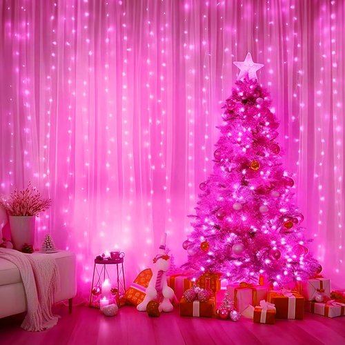 Minetom 300 LED Dimmable Fairy Curtain Lights - USB Powered String Lights with Remote & Timer | Pink Indoor Decor