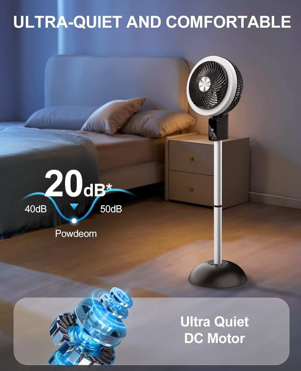 Skiennix Portable Standing Fan - 10000mAh Rechargeable Battery | 90°+120° Oscillation, 8 Speeds, Adjustable Height