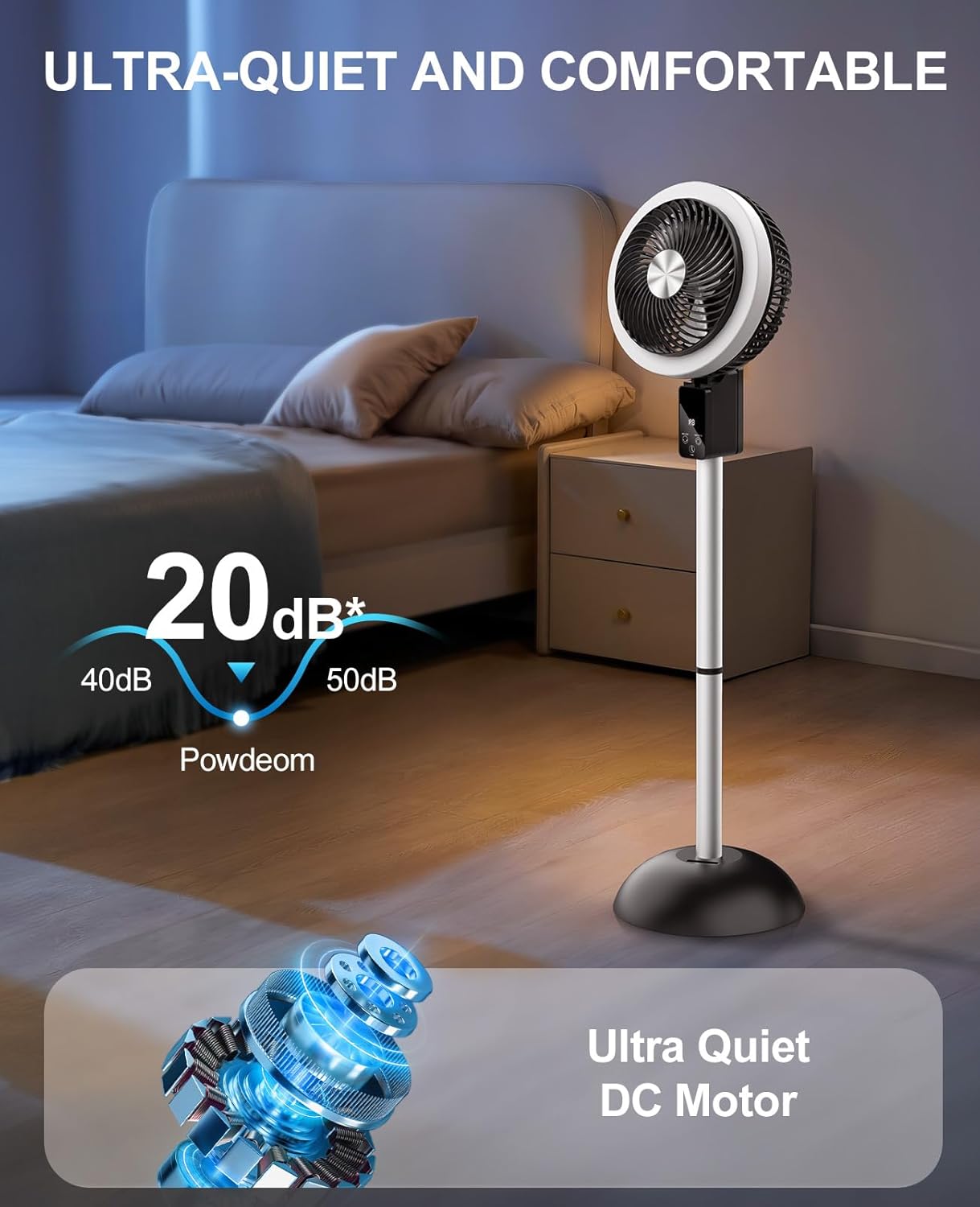 Skiennix Portable Standing Fan - 10000mAh Rechargeable Battery | 90°+120° Oscillation, 8 Speeds, Adjustable Height