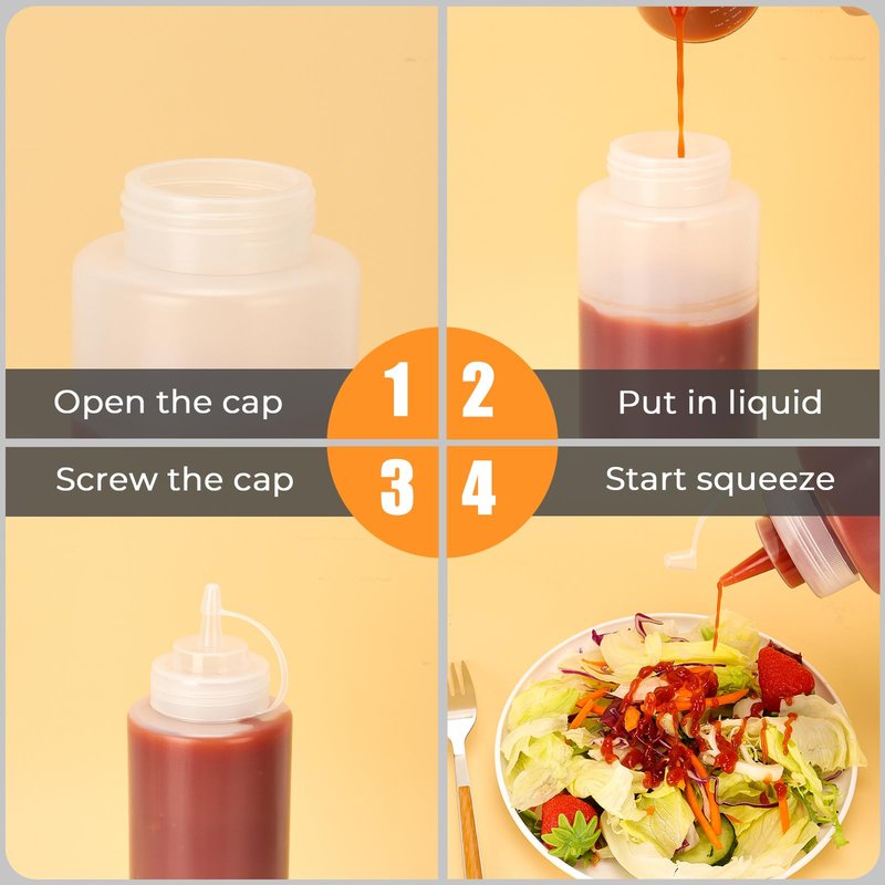 DHSBTLS 32 oz Plastic Squeeze Bottles, 8 Pack Clear Condiment Squeeze Bottles with Tethered Caps, Ketchup Bottles for Sauces, Perfect for Condiments, Oil, Icing, Liquids, with 10 Stickers and 1 Pen