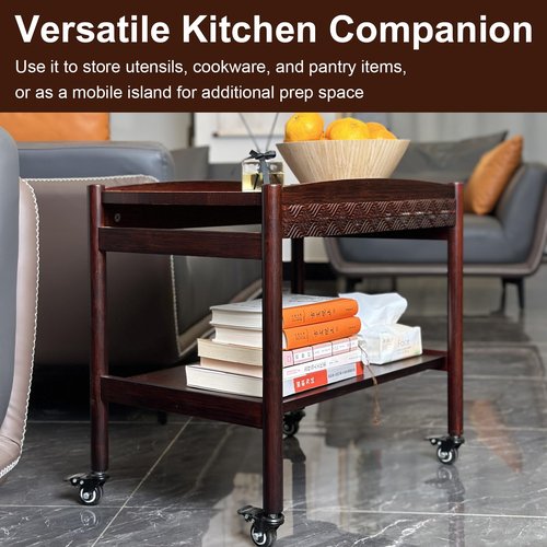 MinBoo Wooden Sofa Side Table with Wheels, 2-Tier Rolling Tea Cart and Coffee Cart, Mobile Storage Cart with Drawers for Kitchen, Bedroom, Office, Home Bar, and Pantry Organization