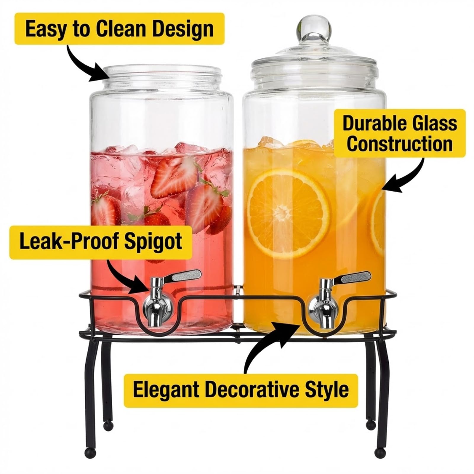 1.5 Gallon Glass Drink Dispenser Set of 2, Drink Dispensers for Parties, Beverage Dispenser with Stand and Glass Lid, 100% Leakproof Spigot, Ideal for Lemonade, Juice, Laundry Detergent