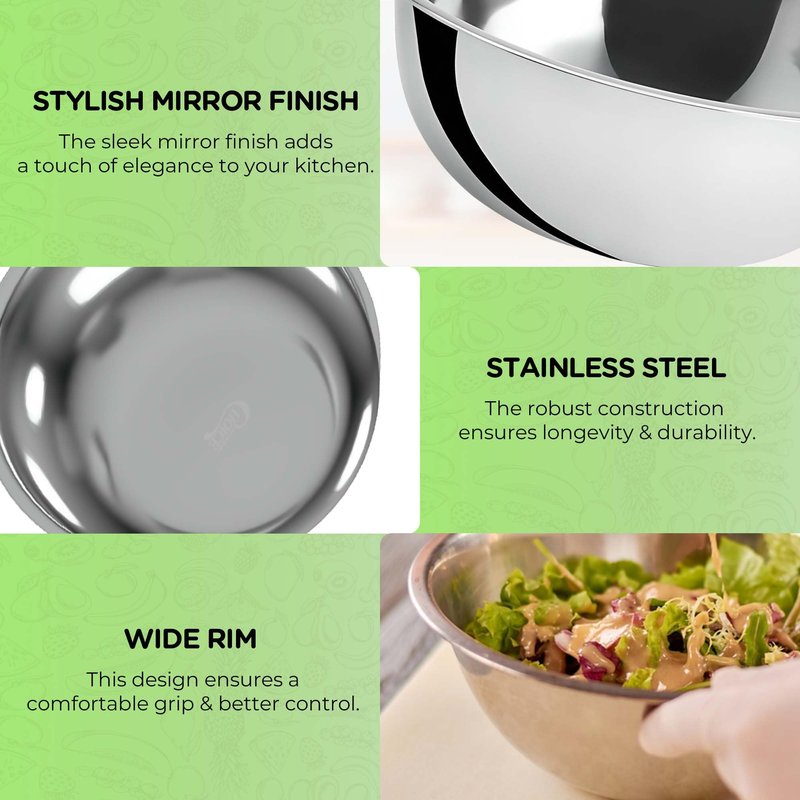 OCS Parts 3 Quart Mixing Bowls | Set of 4 | 9.75-Inch Stainless Steel Professional Grade Flat Base Mixing Bowls for Home and Commercial Kitchens | Dishwasher Safe