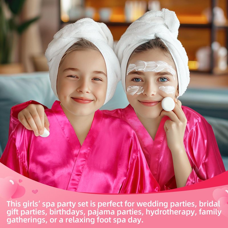 30 Pcs Kids Spa Party Supplies for Girls: Kids Satin Robes Salon Stuff Kit - 6 Robes 6 Basins 6 Makeup Headband 6 Towels 6 Hair Clip Braid - Foot Spa Sleepovers Slumber Birthday Favor (Rose Red)