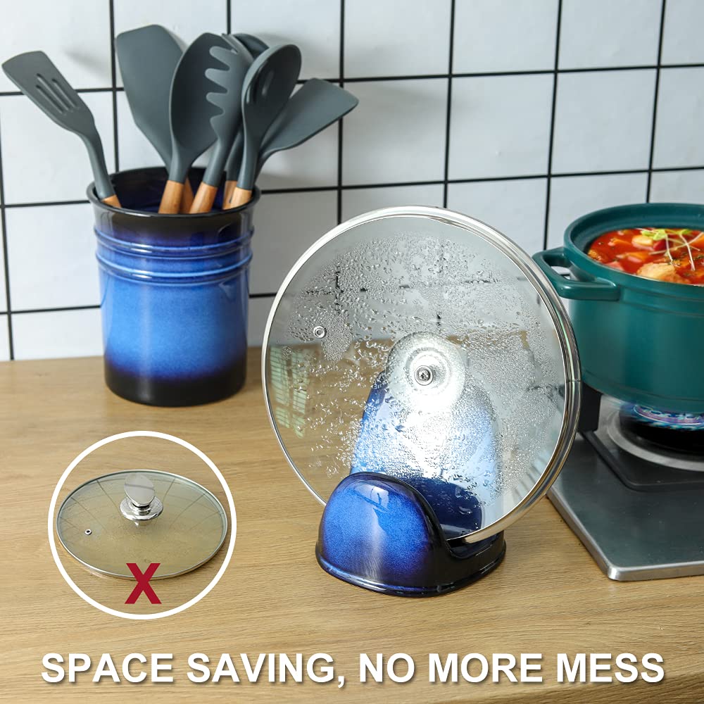 Nihow Pot Lid Holder and Spoon Rest for Kitchen Counter/Stove Top While Cooking - Heat Resistant & Dishwasher Safe - Elegant Black & Blue Sets