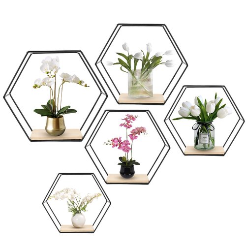 F FINEC Wall Mounted Hexagonal Floating Shelves Black Set of 5 in Different Sizes, Modern Metal Shelf, Simple Wood Partition Storage Shelves, Decor Rack for Bedroom, Living Room, Kitchen and Office