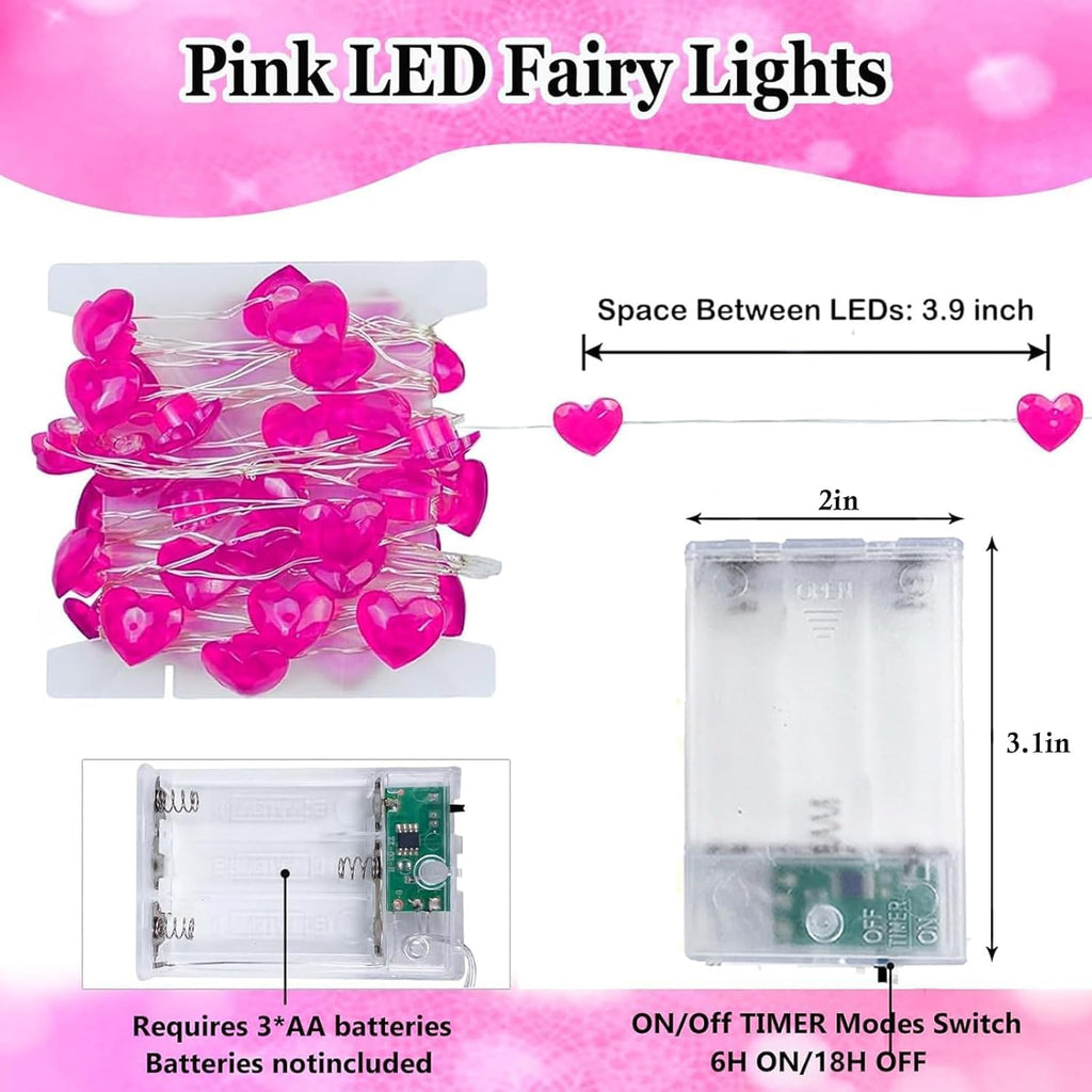 Skiennix 10FT Pink Heart Fairy Lights - Battery Operated LED String Lights with Timer | Waterproof for Indoor/Outdoor Decor