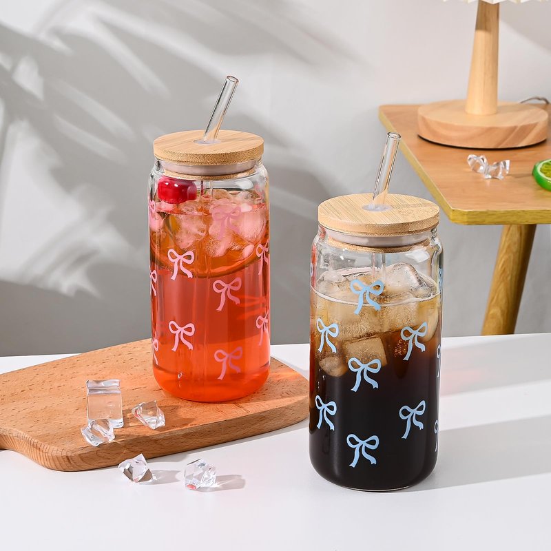 Koythin Glass Cups with Lids and Straws, Adorable Iced Coffee Tumbler for Tea Milk Smoothie Latte Juice, Bow Tie Glasses Drinking Set for Mom Girl Women, 17 oz/480 ml (Blue)