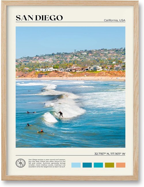 HesenDot Natural Oak Wood Surfing Wall Art - 12x16in Seascape Canvas Print for Living Room & Office Decor