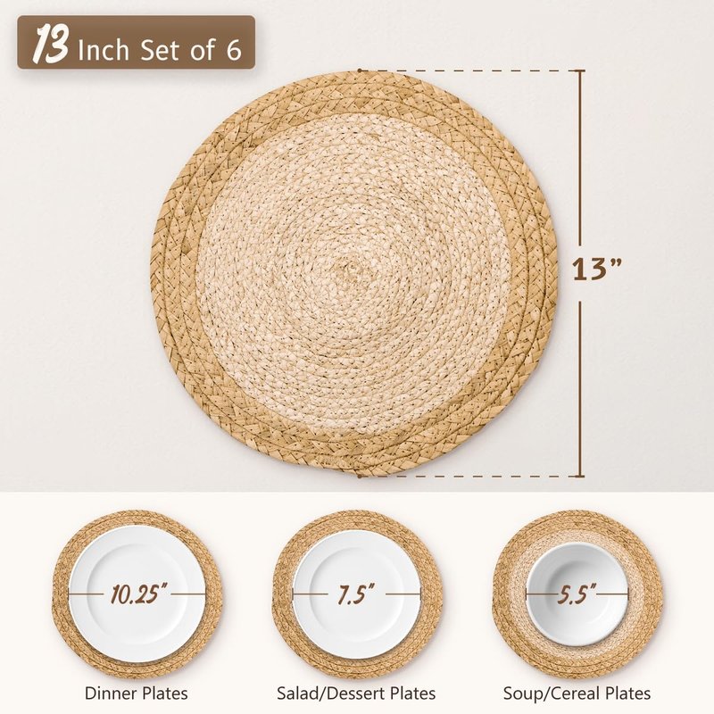 13.8 in Round Boho Placemats Table Mats Set of 8, Farmhouse Rustic Woven Plate Charger for Dinner Plates, Rattan Jute Wicker Braided Place Mats Chargers for Dining Table Decor