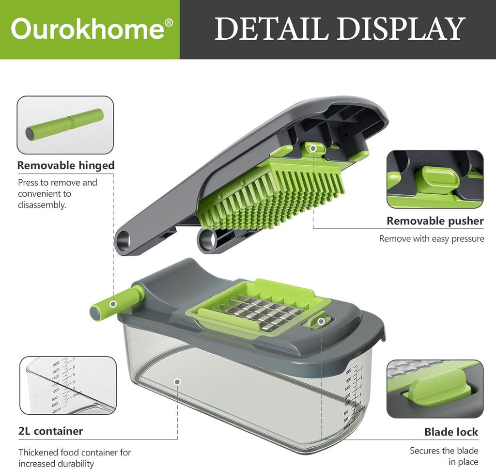 Ourokhome Manual Food Chopper & Mandolin Slicer - 8 Blades for Versatile Vegetable Dicing | Gray