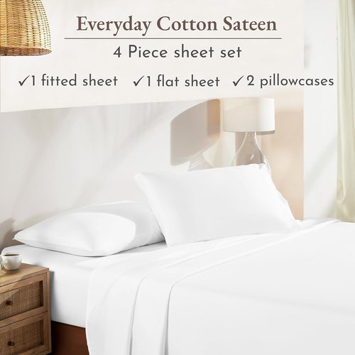 California Design Den King Size Sheets Set - Natural 100% Cotton, Soft Sateen Weave, Deep Pockets (White)
