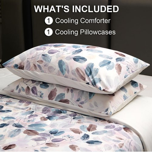 Cyusri Print Cooling Comforter Set 2Pcs Breathable Cool Twin Size Bedding Set with 1 Pillowcase Leaf Pattern Silky Cold Quilt, Blue 68"x90"