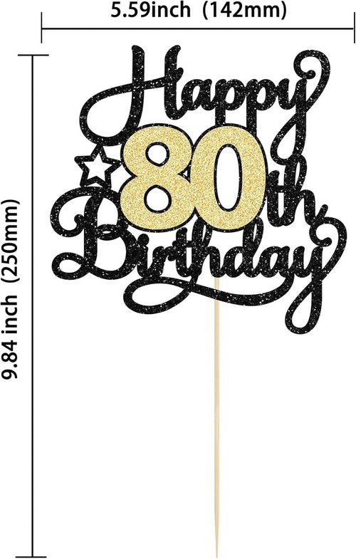 Happy 80th Birthday Cake Topper by [Brand Name] - Black Gold Glitter Design for Celebration