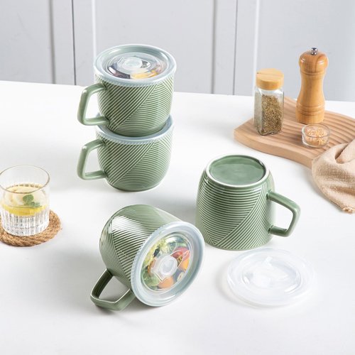 Adewnest Ceramic Soup Bowls with Lid & Handle: 32 oz Microwave Safe Food Containers for Ramen Noodles Cereal Leftovers - Extra Large Mugs for Breakfast Lunch Picnic Camping - Green, Set of 4