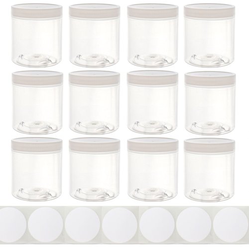 8oz Plastic Wide-Mouth Storage Jars (12 pack) - Large straight-sided clear empty refillable food-grade BPA-free PET containers with white screw-on lids - 70mm 70-400 70/400 Made in the USA