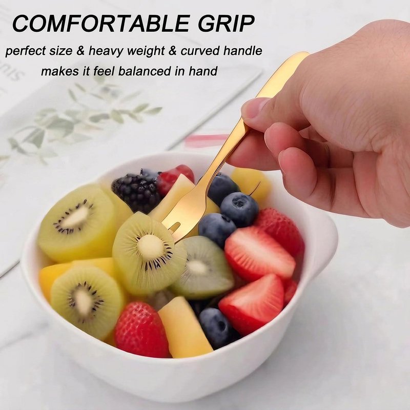 Mafier 12 Pcs Fruit Forks, SUS304 Stainless Steel Dessert Forks, 5.51 Inch Small Appetizer Forks Gold, Two-Prong Cocktail Forks for Cake, Pastry, Charcuterie Board, Tasting Forks, Dishwasher Safe