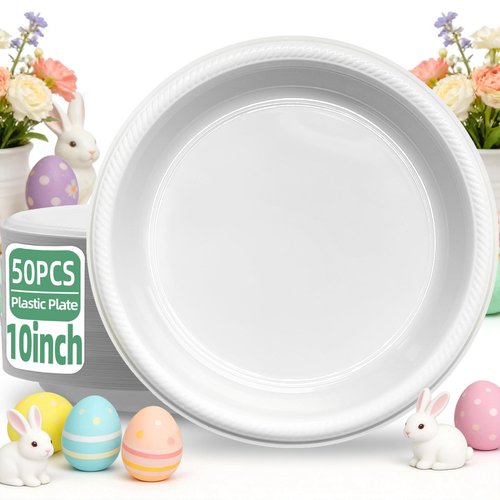 BONSINY 50 Pcs White Plastic Plates Disposable 10 inch - White Disposable Plates for Party Birthday Picnic Easter