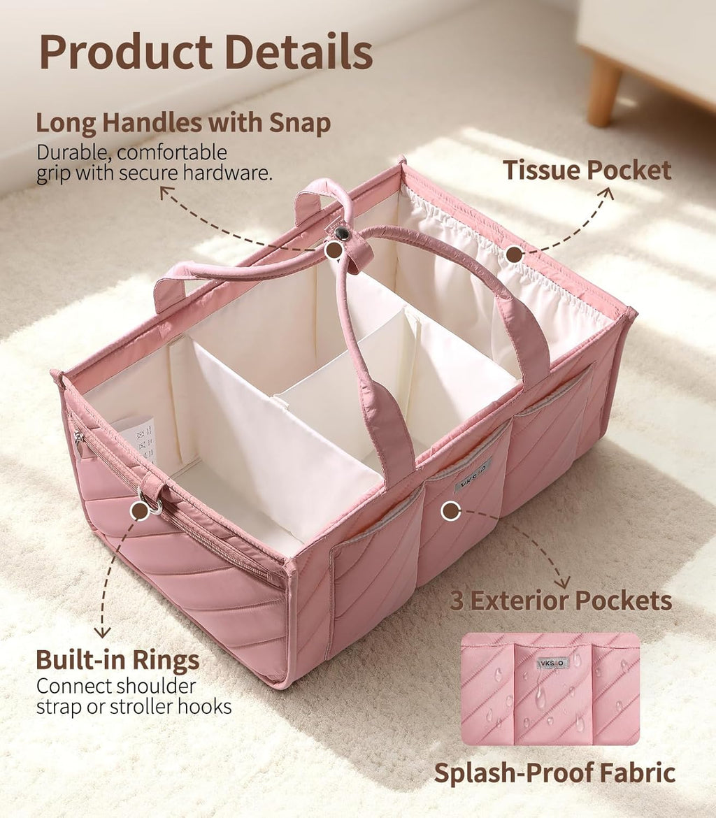 Skiennix Extra Large Diaper Caddy Organizer - Water-Resistant Nursery Storage Tote with Zipper Pocket & Shoulder Strap, Blush Pink
