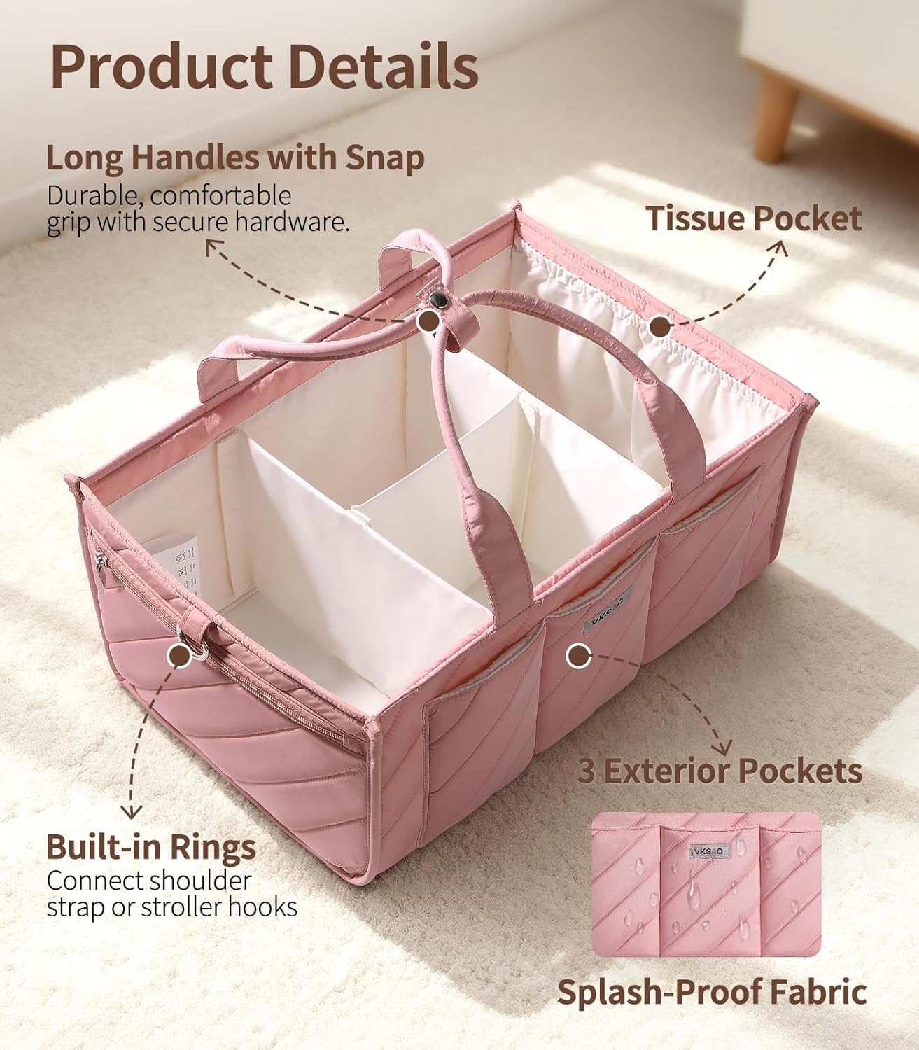 Skiennix Extra Large Diaper Caddy Organizer - Water-Resistant Nursery Storage Tote with Zipper Pocket & Shoulder Strap, Blush Pink