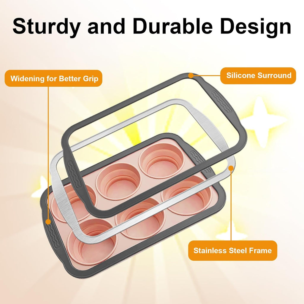 Skiennix Silicone Muffin Pan - Nonstick 6-Cup Baking Molds with Metal Frame | BPA Free & Dishwasher Safe, Pink