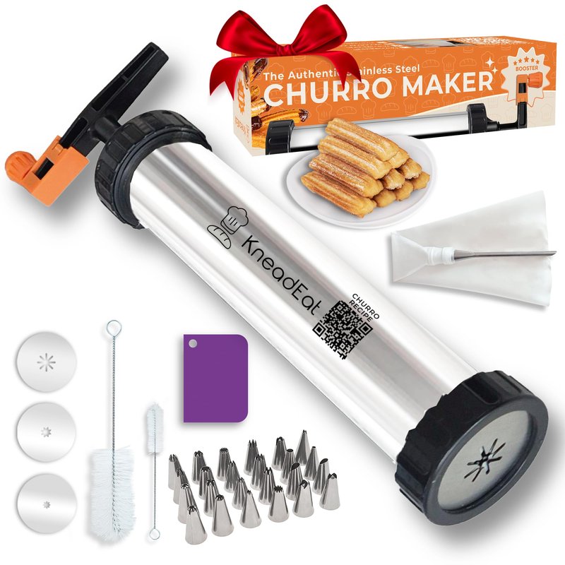 KneadEat Churro Maker Kit with Piping Bag, XL Filling Needle and Decorating Tips Premium Stainless Steel Churrera with Easy Press Handle for Homemade Filled Churros