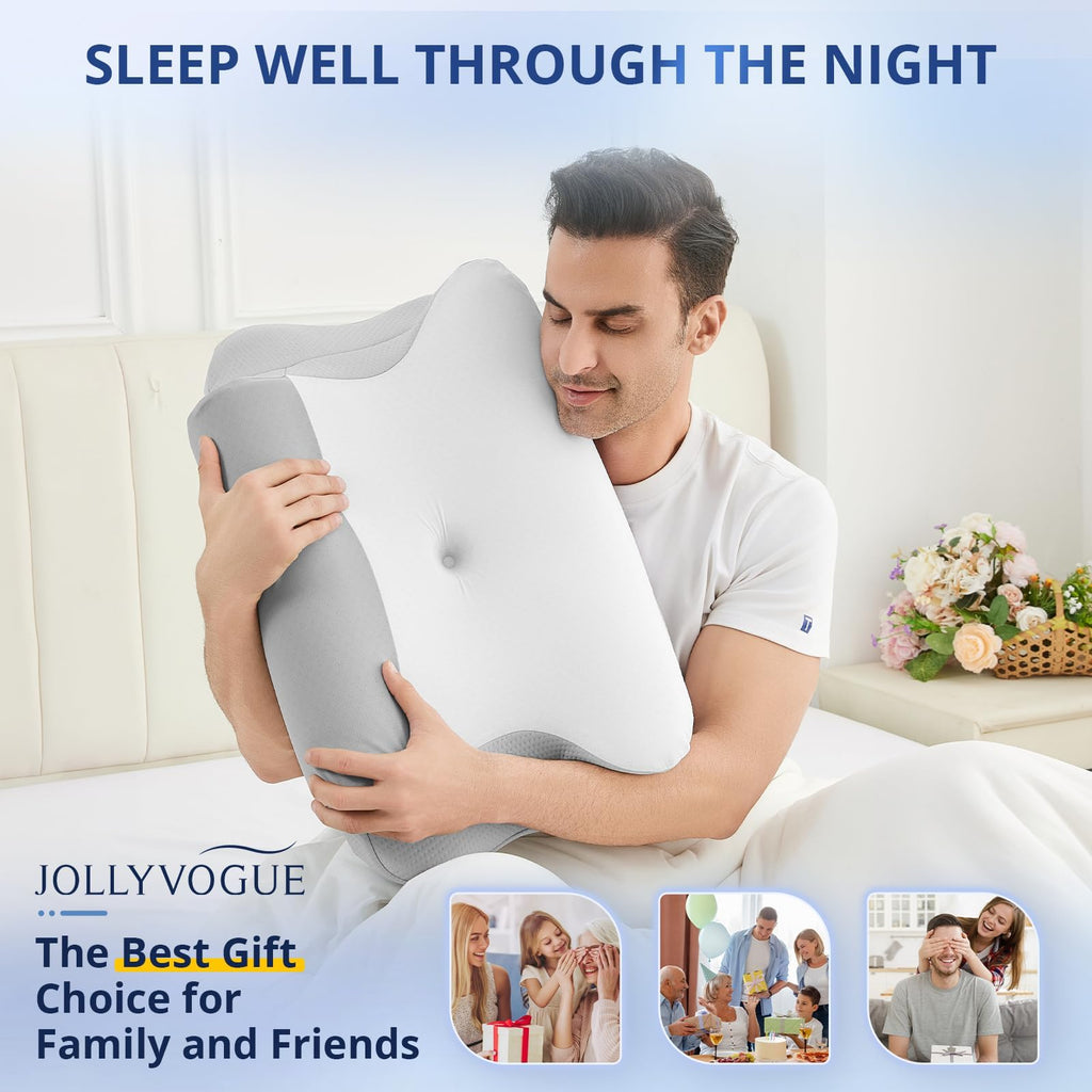 JOLLYVOGUE Cervical Neck Pillow - Contour Memory Foam Pillow for Neck Pain Relief with Cooling Pillowcase, Ergonomic Orthopedic Support for Side Back Stomach Sleepers, Grey & White