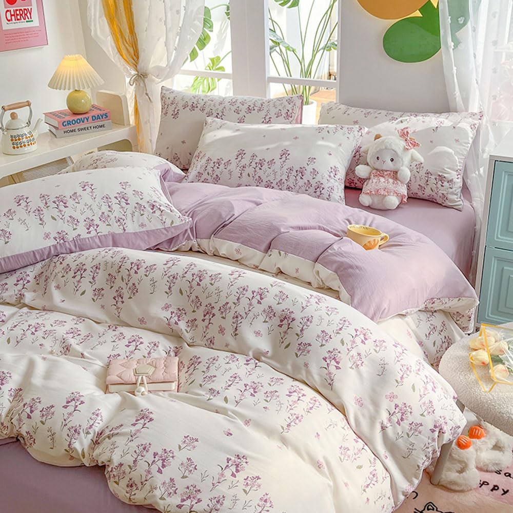 Sedefen Lavender Duvet Cover Queen Size Purple Romantic Floral Green Botanical Bedding Set 3 Pcs Girls Women Spring Garden Aesthetic Elegant Flower Comforter Cover with Zipper Closure (No Comforter)