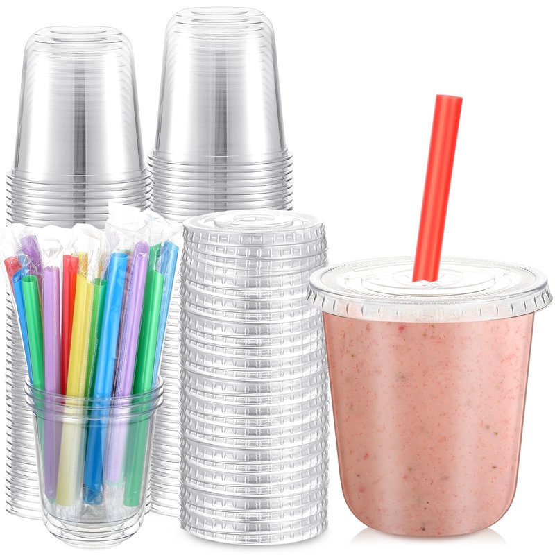 Ziliny 50 Sets Clear Cups with Lids and Jumbo Smoothie Straws Disposable Plastic Cups for Smoothies, Bubble Milk Tea, Milkshakes, Cold Drinks (12 oz)