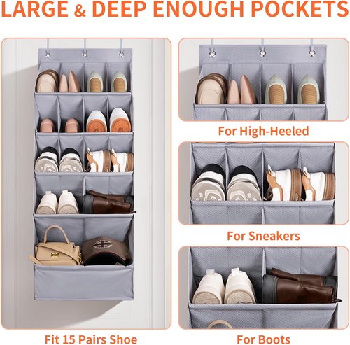 FENTEC Over-the-Door Shoe Organizer - 15 Pocket Hanging Rack for Closet | Gray Storage Solution
