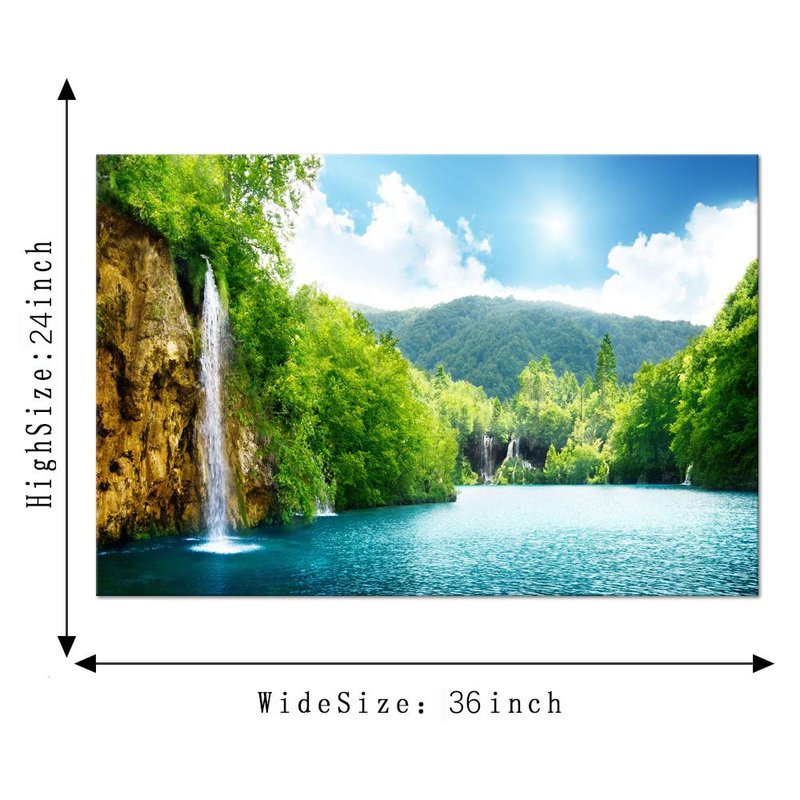Yatsen Bridge Waterfall Painting for Living Room Wall Art Home Decor Prints Green Forest and Lake Pictures Artworks Wall Decoration Framed Ready to Hang for House(36''W x 24''H)