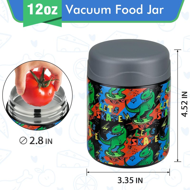 wiwens 12oz Soup Thermo for Hot Food Kids Insulated Food Jar Wide Mouth Lunch Container Leak Proof Stainless Steel Vacuum Bento Box for School Office Travel Outdoors Black-Dinosaur