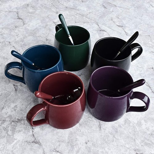 Bosmarlin Ceramic Coffee Mug with Spoon, Purple Tea Cup for Office and Home, Dishwasher and Microwave Safe, 14 oz, 1 Pack (Purple(Glossy))