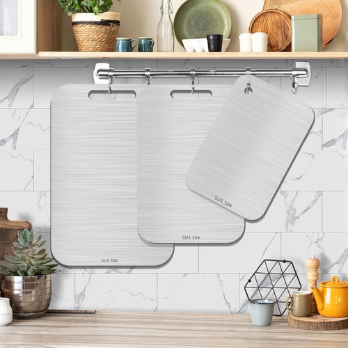 3PCS Stainless Steel Cutting Board Set, 304 Metal Kitchen Cutting Boards Non Toxic with Burr-Free Edges, Dishwasher Safe Non-Staining & Odor-Free for Meat, Vegetables, Fruits (S+M+L)
