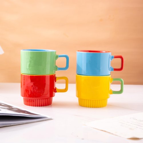 MECOWON 12 OZ Porcelain Stackable Mugs with Rack, Set of 4 Coffee Mugs for Coffee, Cocoa, Milk and Tea, Multicolor, Gift for Cozy, Holiday Gatherings