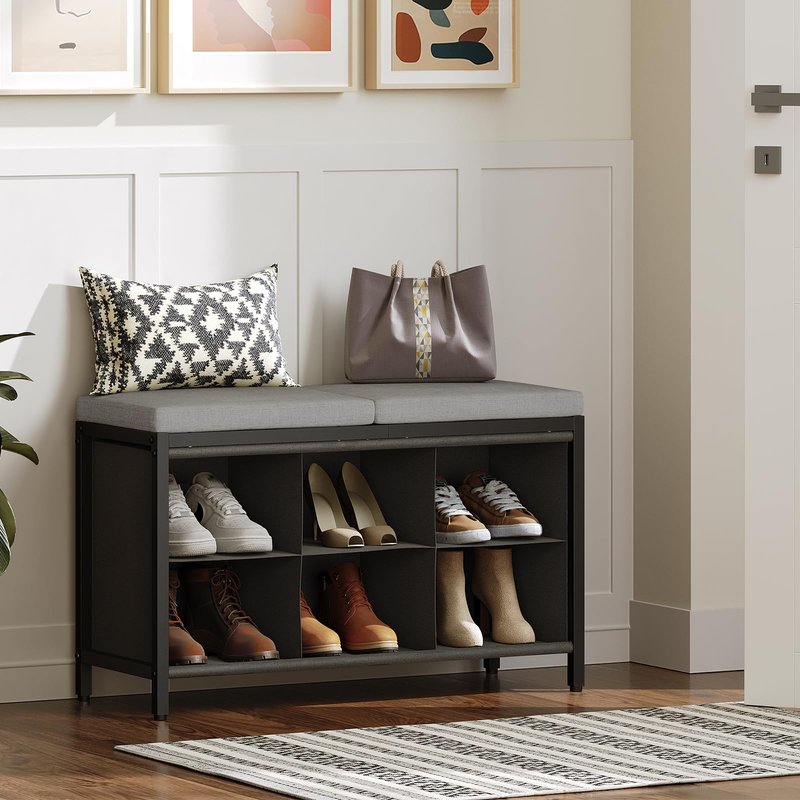 YATINEY Shoe Storage Bench with Cushion, Entryway Bench, Shoe Rack with Padded Seat and 6 Oxford Compartments, for Closet, Bedroom, Entryway, Black and Gray HX01BK
