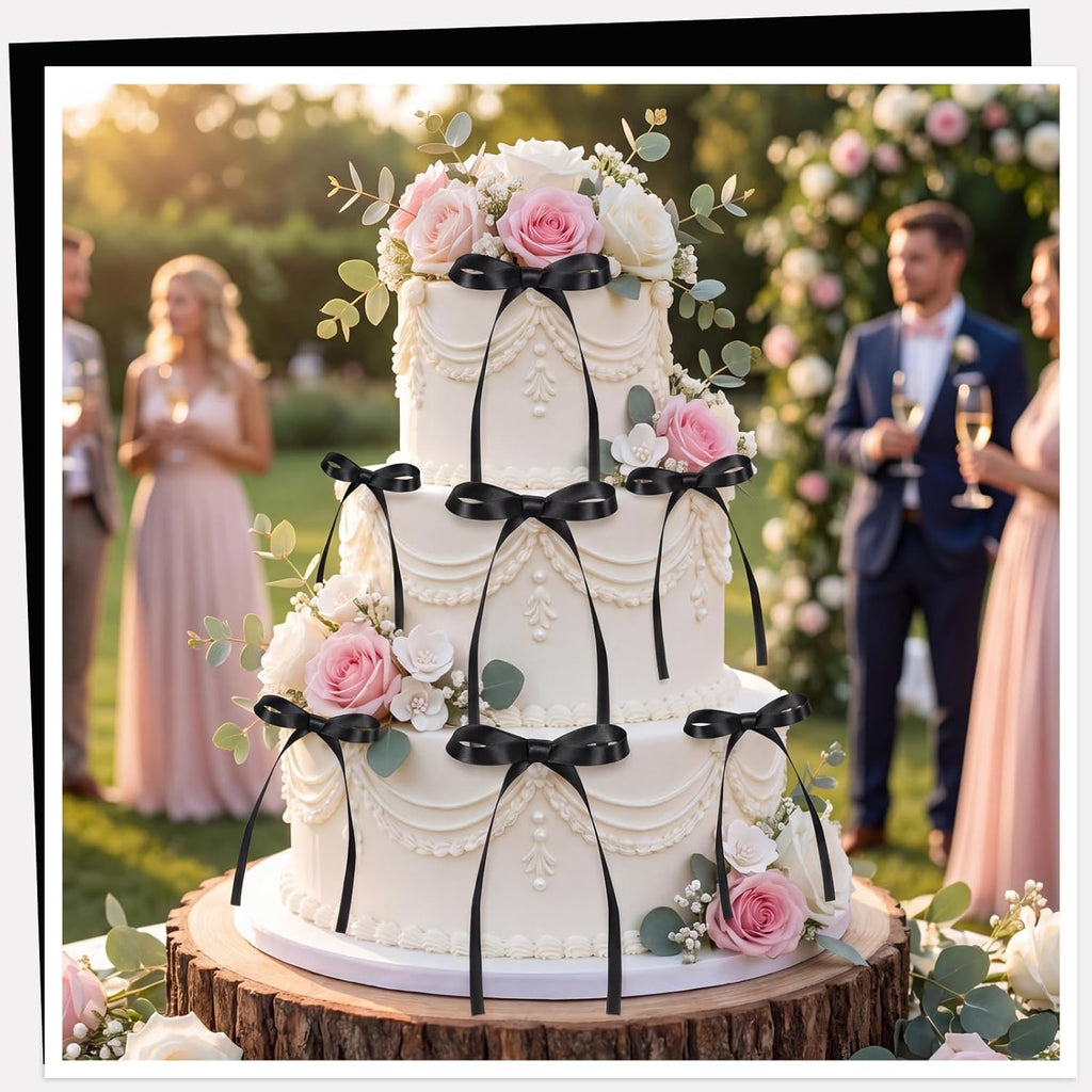 Skiennix 30 Pack Bow Cake Toppers - Elegant Black Ribbon Bows for Graduation & Wedding Celebrations