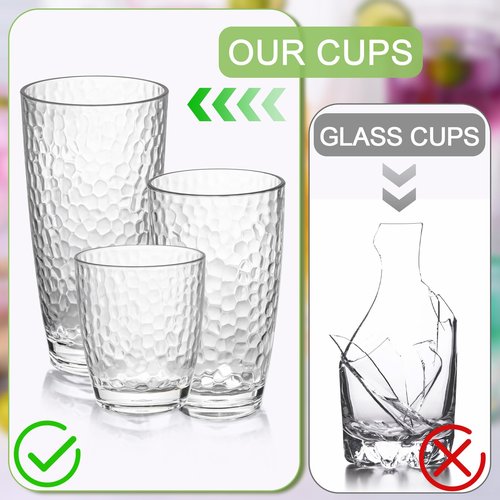 Zioffiel 9 Pcs Plastic Drinking Tumblers Set of 14/18/24 oz, Acrylic Drinking Glasses with Straw&PP Brush, BPA-Free, Stackable Water Cups, Clear Cups for Juice, Wine (14/18/24 oz-9 pcs)