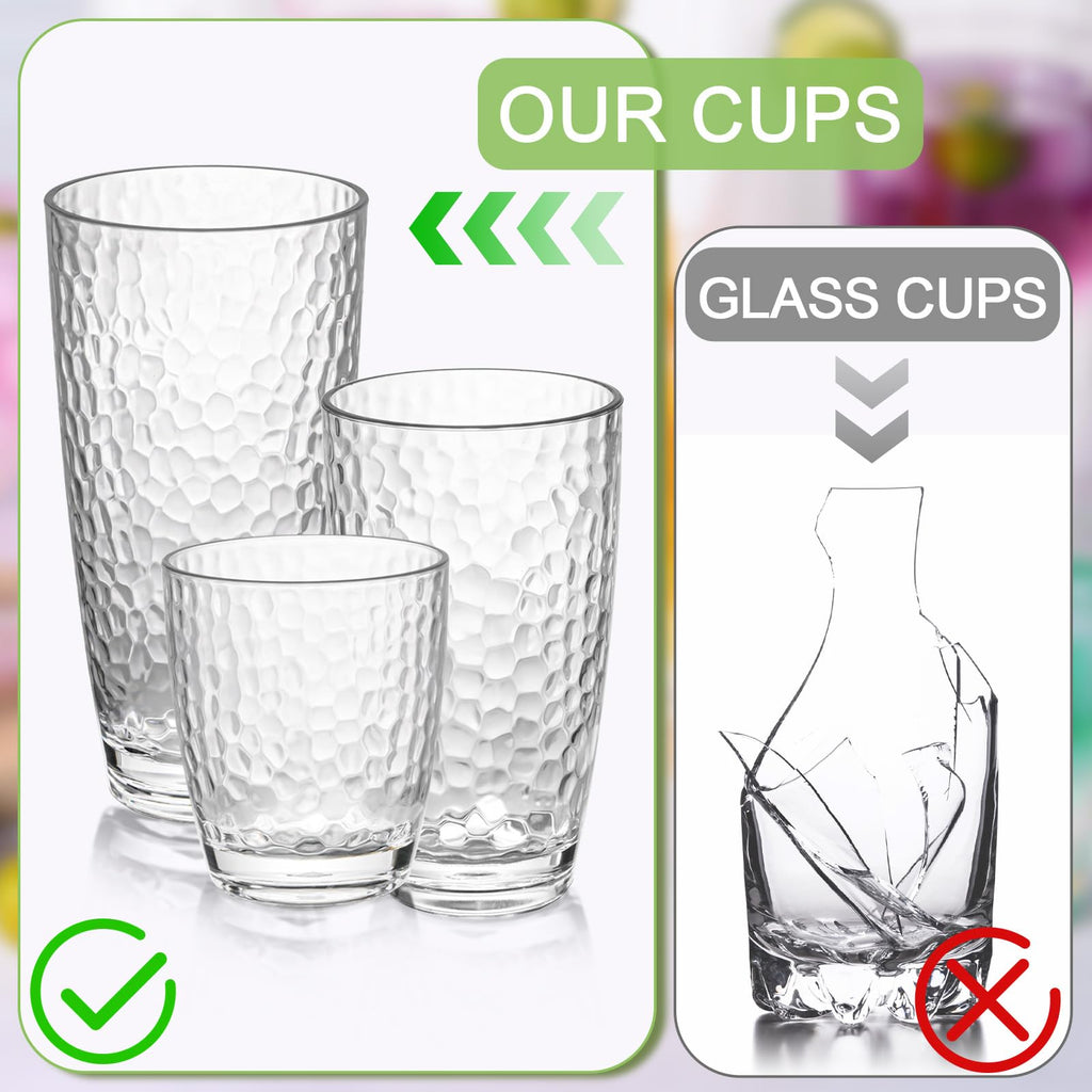 Zioffiel 9 Pcs Plastic Drinking Tumblers Set of 14/18/24 oz, Acrylic Drinking Glasses with Straw&PP Brush, BPA-Free, Stackable Water Cups, Clear Cups for Juice, Wine (14/18/24 oz-9 pcs)