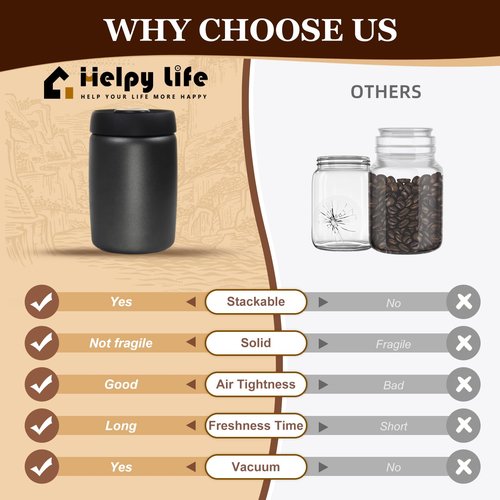 HelpyLife Coffee Vacuum Canister - 16oz Airtight Stainless Steel Food Storage | Press Out Excess Air, Perfect for Coffee Beans & Tea