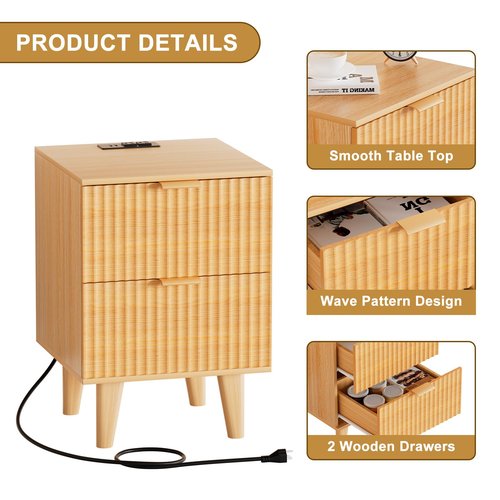 Urban Deco Fluted Nightstand with Charging Station, Mid Century Modern Nightstand, Wooden Side Table with 2 Fluted Drawers, End Table with Solid Wood Legs for Bedroom, 15.4 x 15.4 x 22.8 in (Natural)