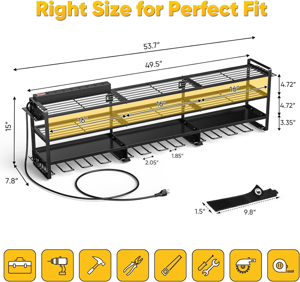 POKIPO Power Tool Organizer - 49.5" Wall Mount with Charging Station & 8 Outlet Power Strip | Heavy Duty 4 Tier Storage for 12 Cordless Drills