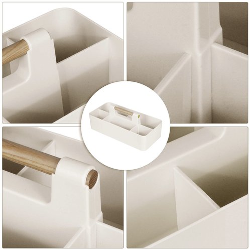 ChengFu Baby Shower Caddy Plastic Nursery Portable Storage Organizer Caddy Tote for Child/Kids, Divided Basket Bin with Wood Handle for Bathroom, Dorm Room, Holds Hand Soap, Bottles, Spoons (Beige)