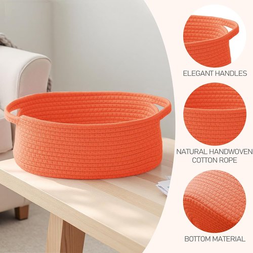 JMvicyroam Woven Basket - Small Rope Storage Bin with Handles | Perfect Organizer for Shelves & Closets - Orange, 2 Pack