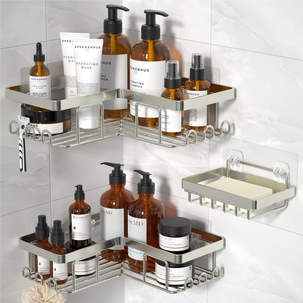 YASONIC Corner Shower Caddy - 3-Pack Adhesive Organizer with Soap Holder & 12 Hooks | Rustproof Stainless Steel, Nickel Finish