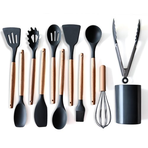 Silicone Cooking Utensil Set,12 PCS Cooking Cookware Kitchen Utensils Set, Nonstick 446°F Heat-Resistant Cookware Kitchen Tools of Spatula,Turner Tongs,Spoon,Brush,Whisk,（gray）