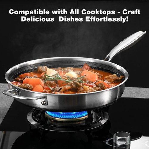 MOUTIUS 12-Inch Non Stick Frying Pans, Ceramic Coating NonStick Stainless Steel Pan Set, Tri-Ply Skillets and Pan Set with Lid, Cool-Touch Handle, Dishwasher and Oven Safe