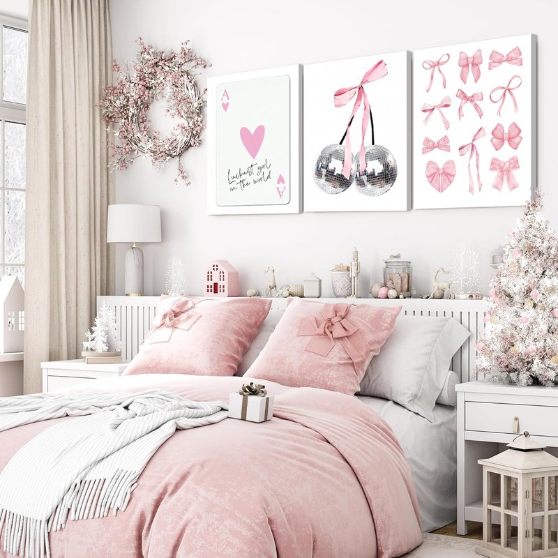 Pink Bows Wall Art Set of 3, Preppy Coquette Wall Decor, Trendy Disco Ball and Lucky Card Poster Canvas Prints for Teen Girl Apartment Bedroom Living Room Aesthetic 16x24 inch Framed