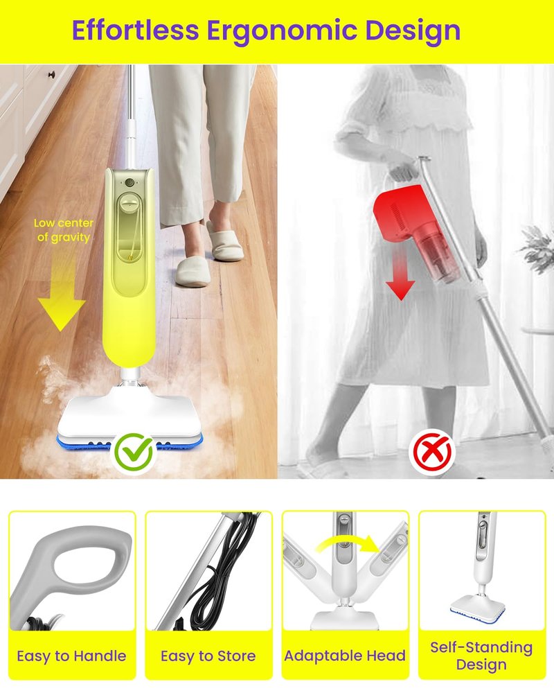 Steam Mop for Floor Cleaning, Effortless Ergonomic Design Floor Steamer for Hardwood and Tile, Adjustable Steam Modes, 1500W High Power, 16.4ft Cord, 400Ml XL Tank, 2 Washable Pad (1)
